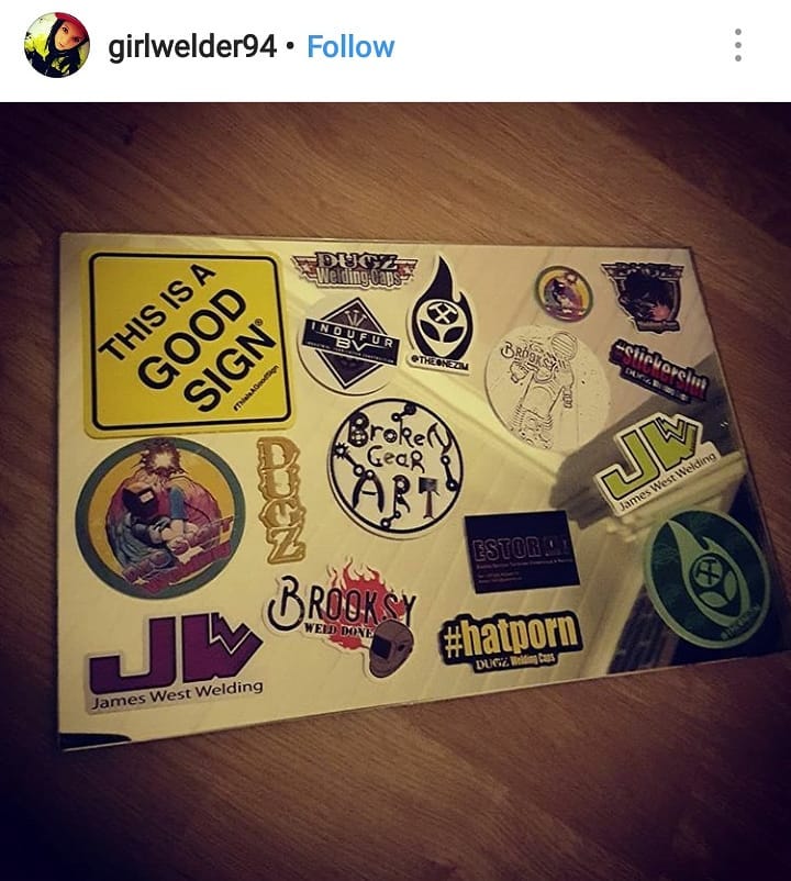 A Good Sign sticker displayed among personal artwork and welding stickers